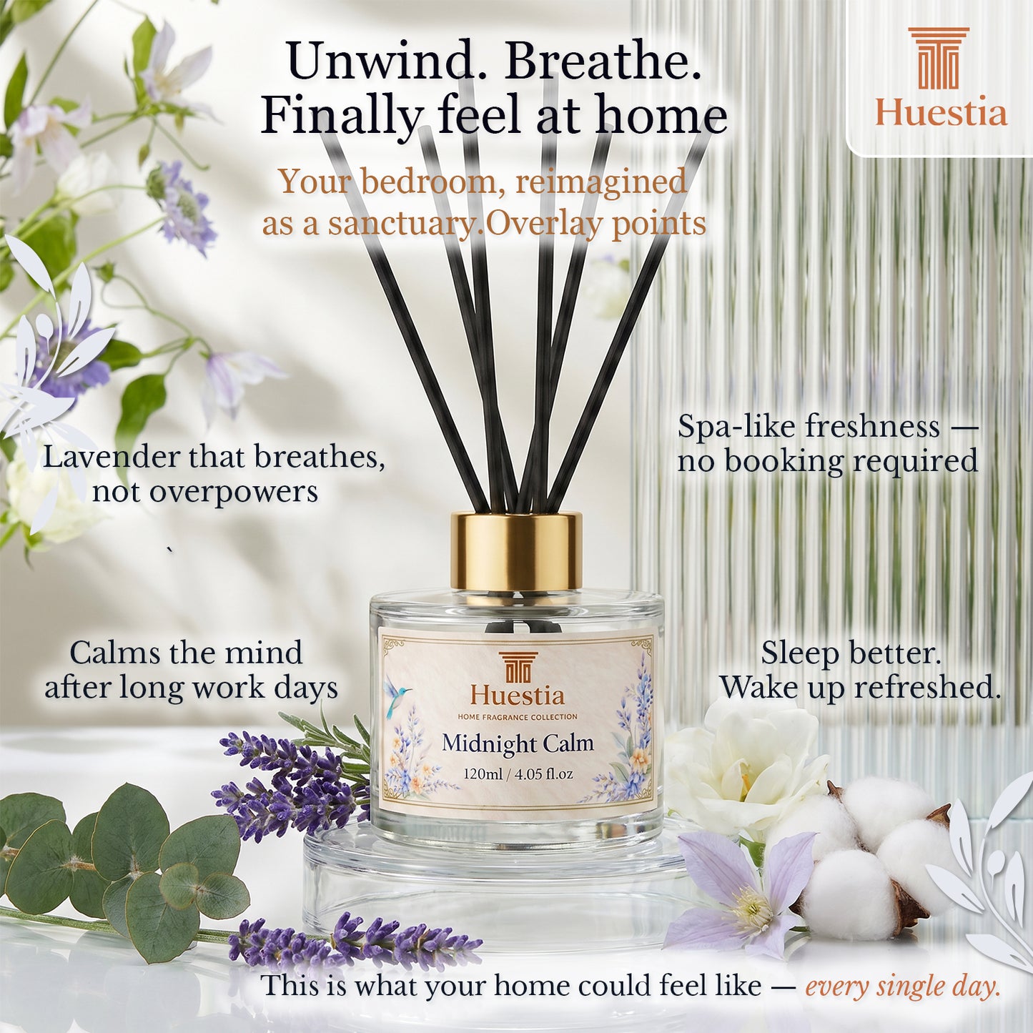Huestia Midnight Calm Home Perfume | Reed Diffuser Set, 120 ml