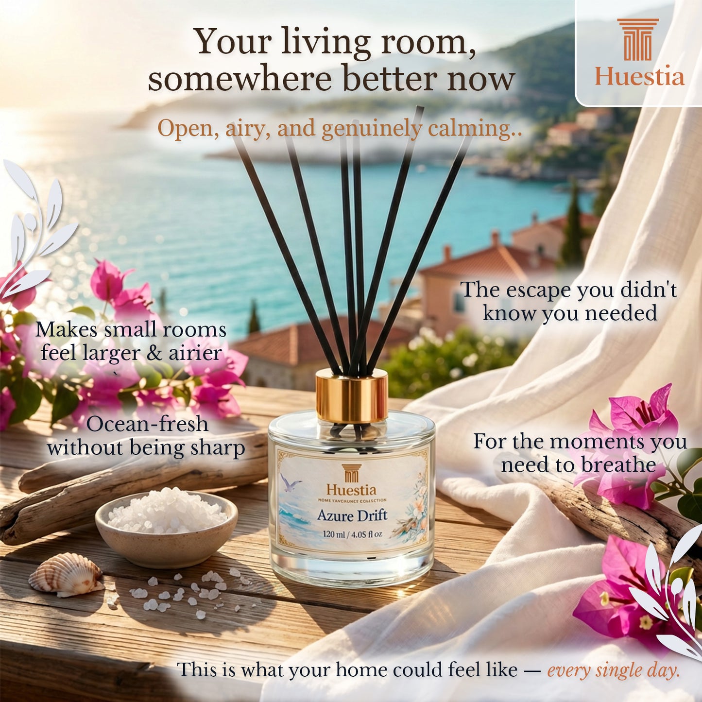 Huestia Azure Drift Home Perfume | Reed Diffuser Set, 120 ml