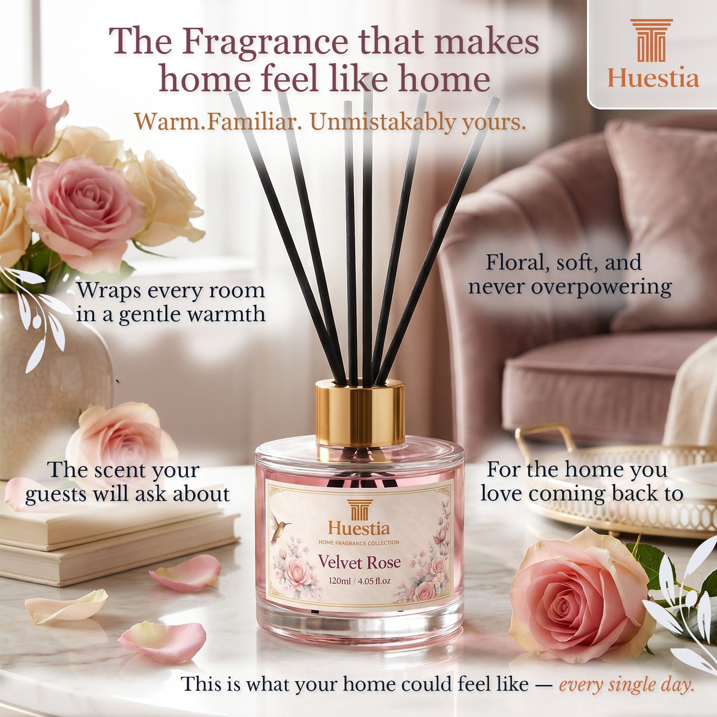 Huestia Velvet Rose Home Perfume | Reed Diffuser Set, 120 ml