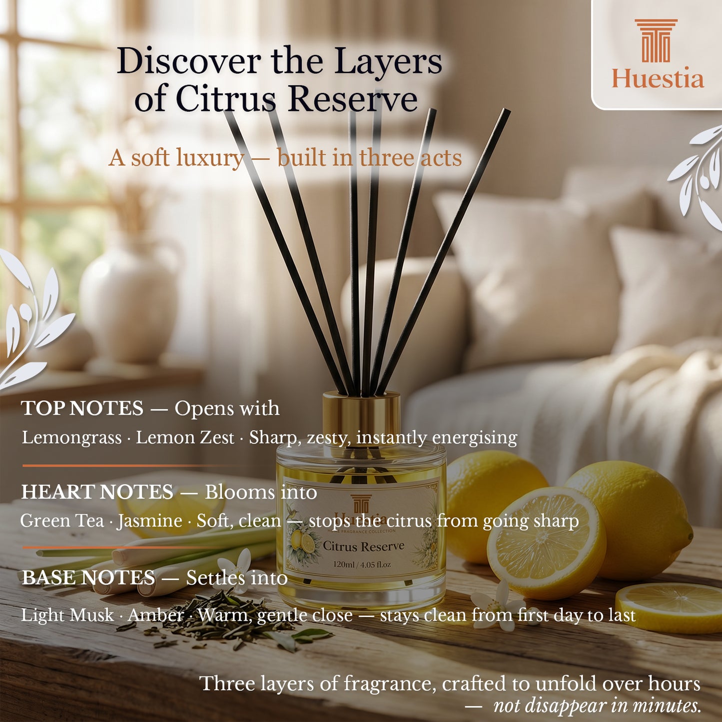Huestia Citrus Reserve Home Perfume | Reed Diffuser Set, 120 ml