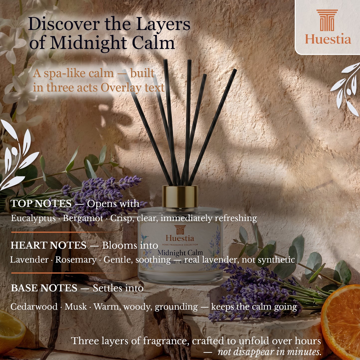 Huestia Midnight Calm Home Perfume | Reed Diffuser Set, 120 ml