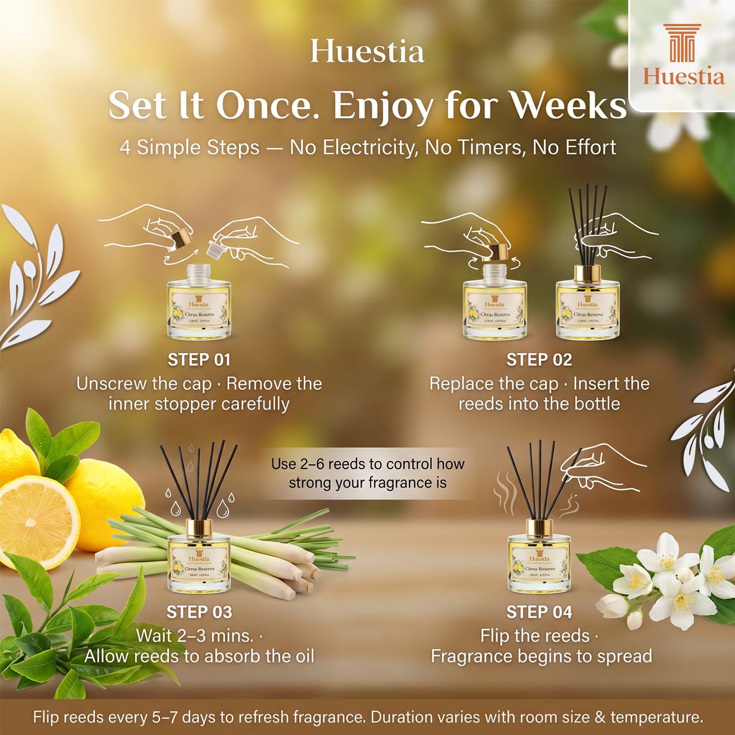 Huestia Citrus Reserve Home Perfume | Reed Diffuser Set, 120 ml